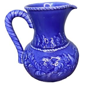 Bordallo Pinheiro Portugal Majolica Pottery Pitcher Cobalt‎ Blue Sea Life Decor